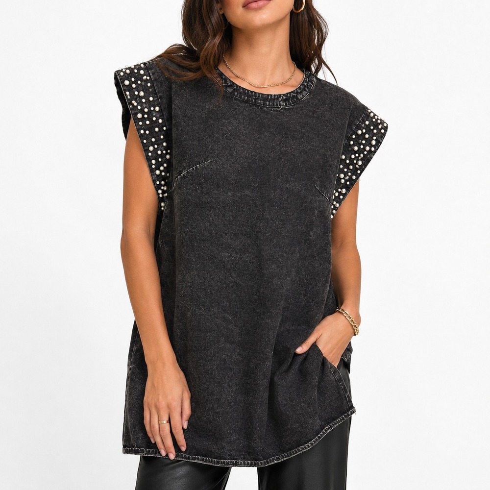 BiBi Denim Dress Women's Large Black Faux Pearl Embellished Sleeve 100% Cotton